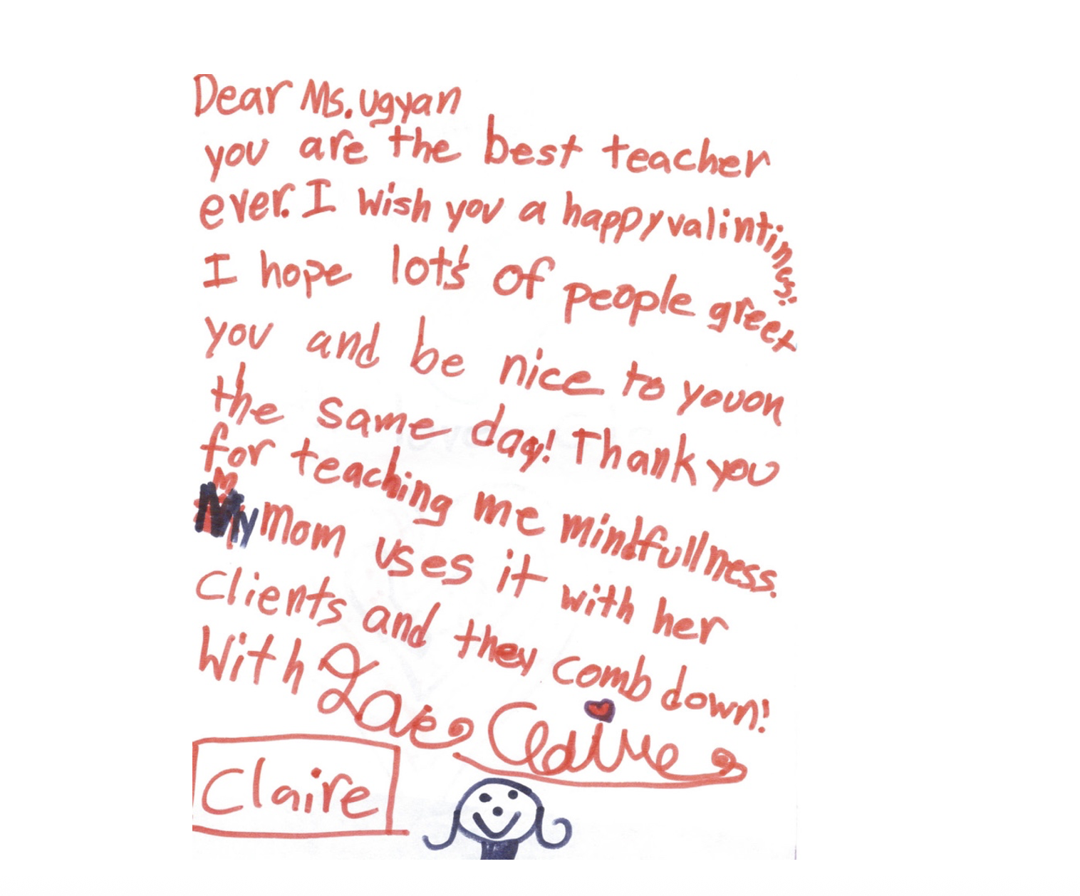 Handwritten student testimonial thanking a teacher for teaching mindfulness and confidence skills.