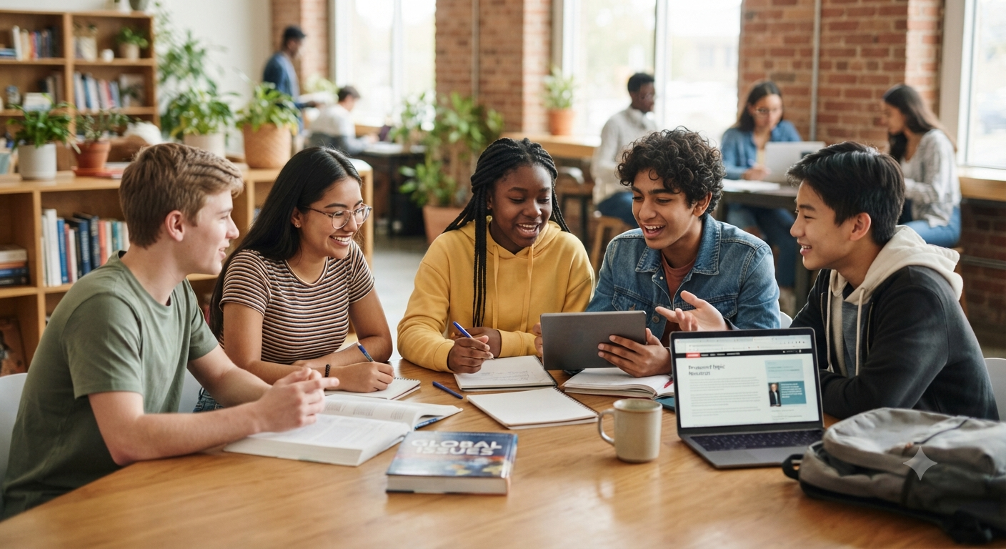 Teens collaborating around a table during a Vancouver anxiety and confidence skills lab group
